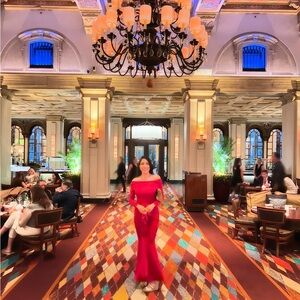 Elegant Off-Shoulder Red Evening Gown - Unbranded